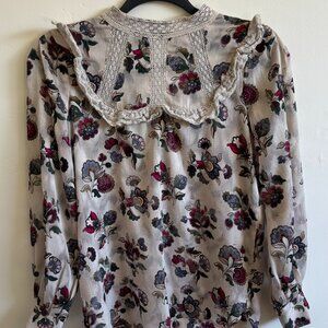 Ann Taylor Boho Floral Blouse XXSP | Lace Trim Ruffle Collar Poet Sleeve Top
